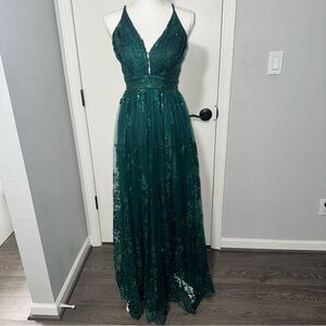 Dark Green Sparkly Shimmer Floor Length‎ Evening Gown Prom Dress Sz XS BEAUTIFUL